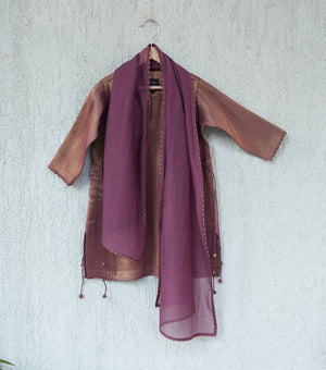 Purple Tissue A-line Tassel Kurta Set with Pants & Dupatta for Girls