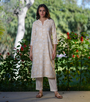 Beige Cotton Printed Kurta Set