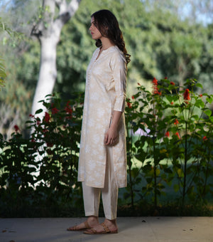 Beige Cotton Printed Kurta Set