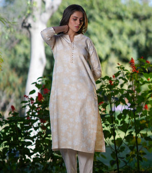 Beige Cotton Printed Kurta Set