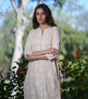 Beige Cotton Printed Kurta Set