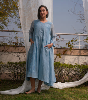 Blue Mist Overlay Sheer Dress with Printed Slip