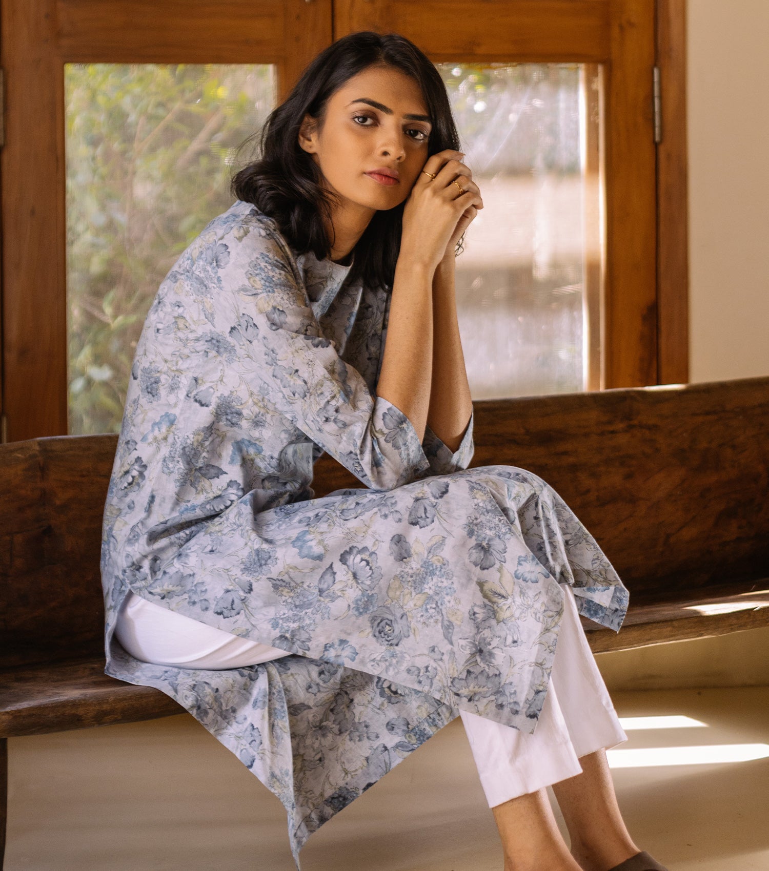 Light Blue Floral Printed Cotton Kurta