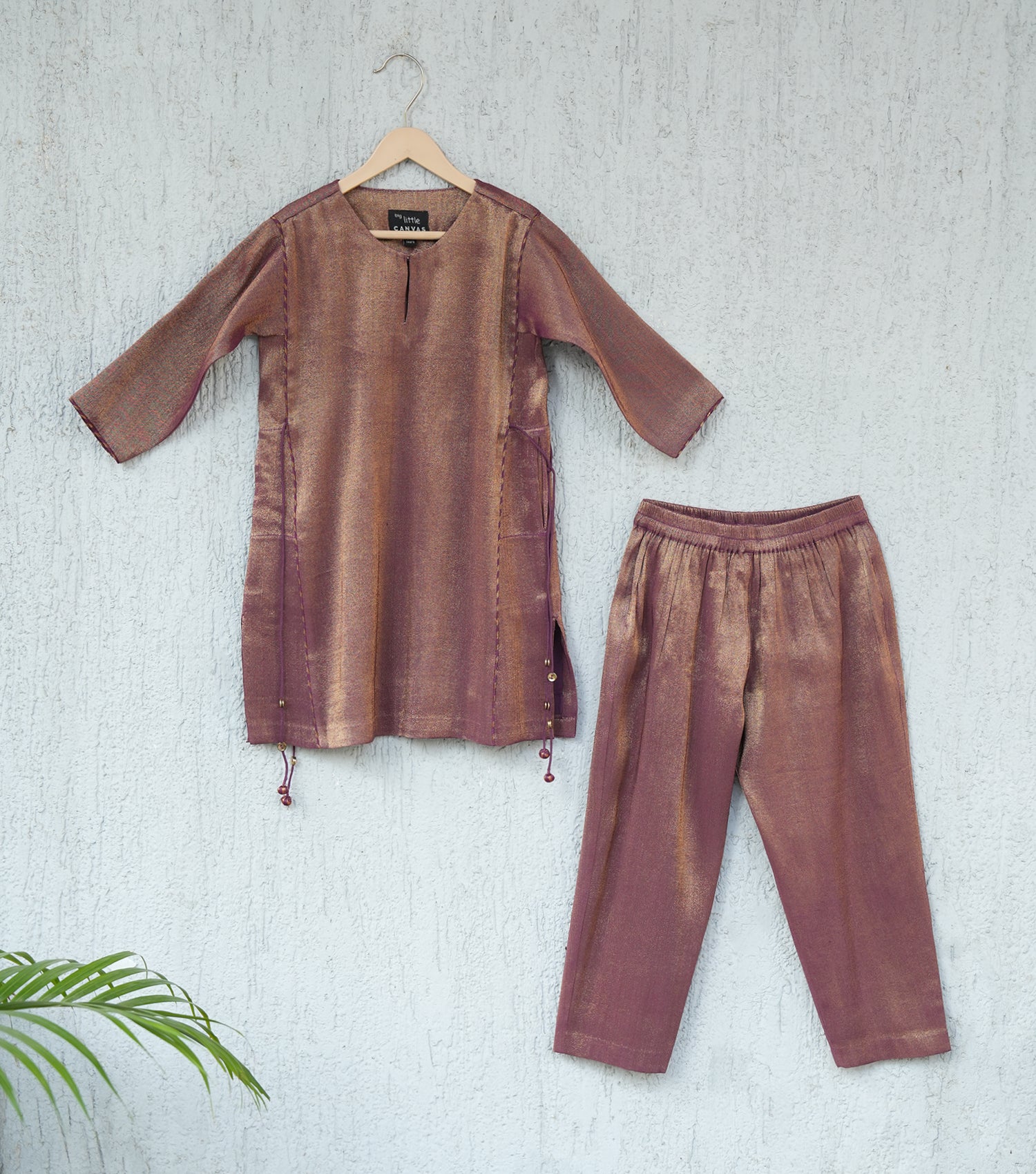 Purple Tissue A-line Tassel Kurta Set with Pants & Dupatta for Girls