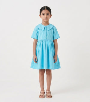 Sky Blue Poplin Collar Dress For Girls