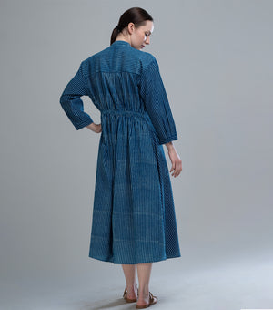 Indigo Stripe Pintuck Dress