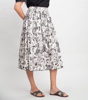 Off White Cotton Printed Skirt With Pleats On The Waistline