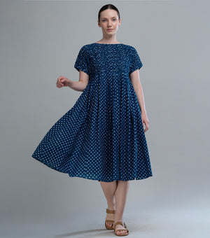 Indigo Dot Gathered Dress