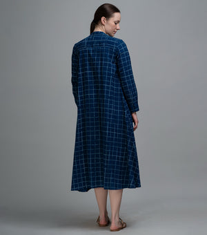 Indigo Checked Gathered Dress