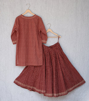 Maroon Printed Cotton Kurta & Skirt Set For Girls