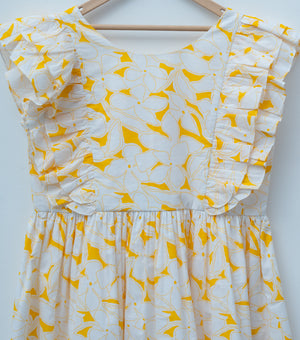 White Yellow Cotton Printed Dress for Girls