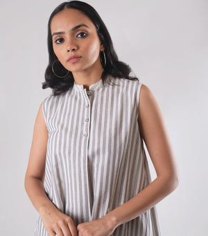 White Grey Woven Cotton Tunic