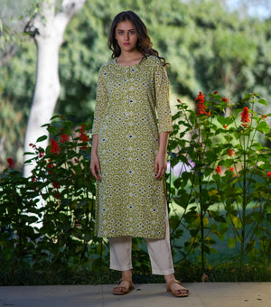 Green Cotton Printed Kurta Set