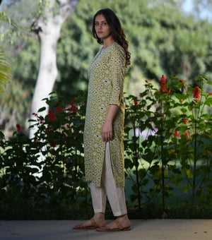 Green Cotton Printed Kurta Set