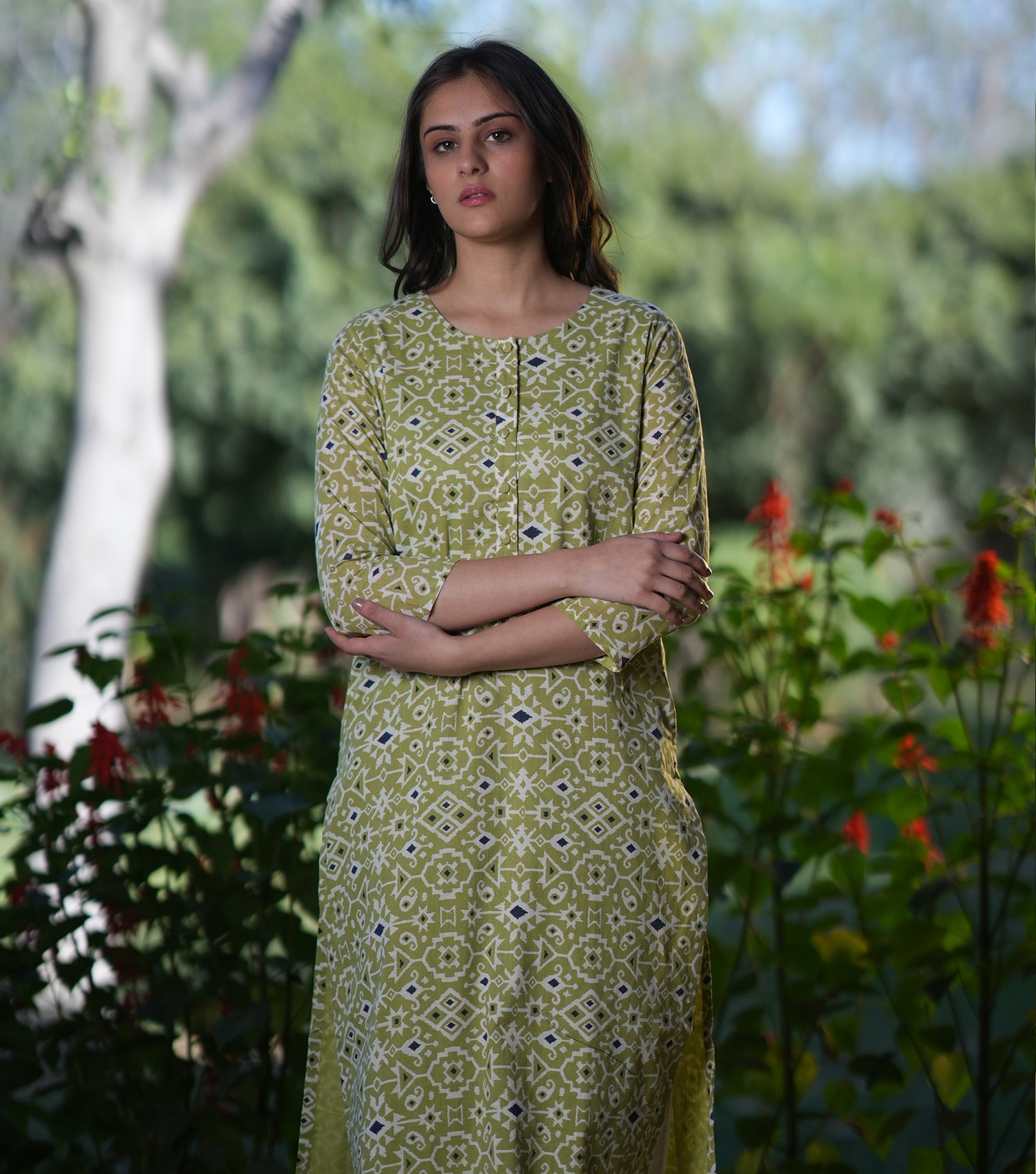 Green Cotton Printed Kurta Set