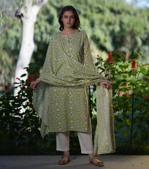 Green Cotton Printed Kurta Set