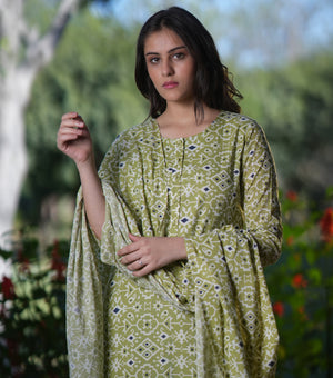 Green Cotton Printed Kurta Set