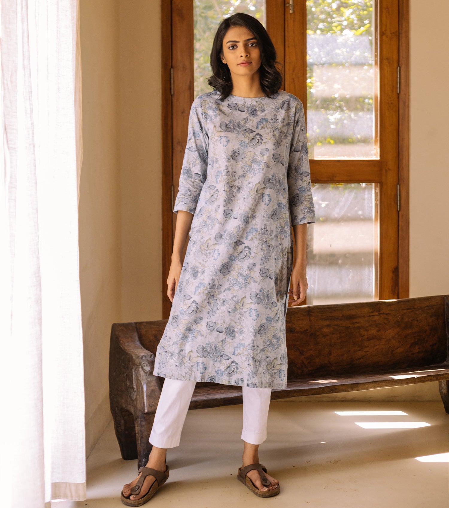 Light Blue Floral Printed Cotton Kurta