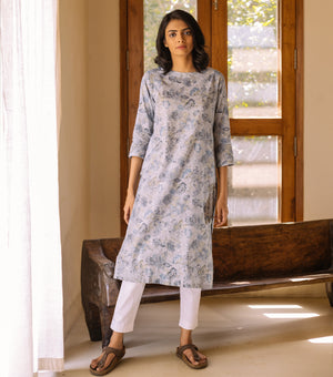 Light Blue Floral Printed Cotton Kurta