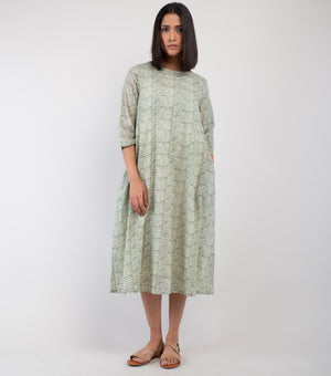 Beige & Green Printed Cotton Dress
