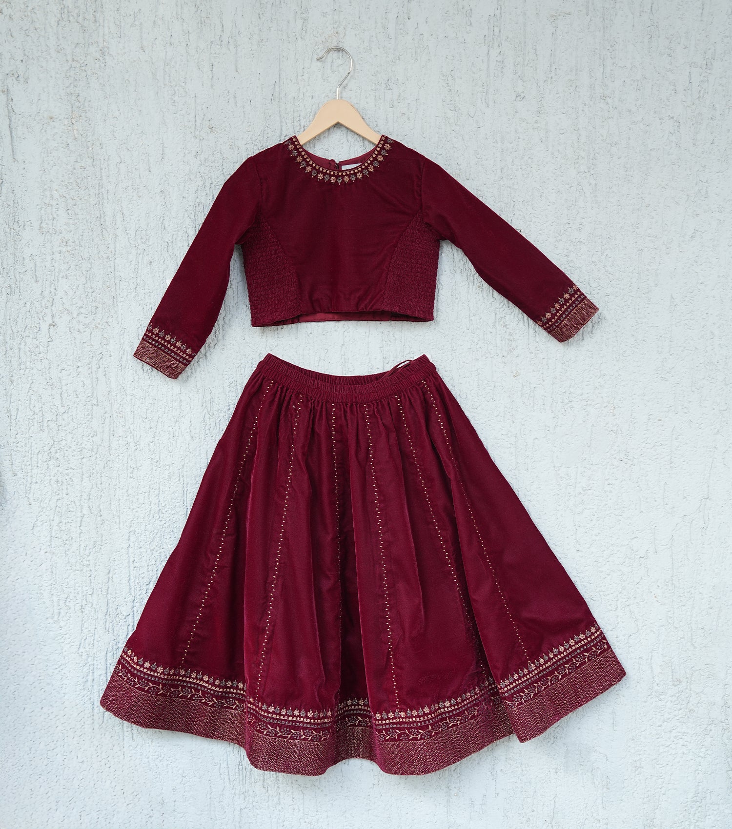 Maroon Zari Embroidered Lehenga Set with Blouse & Dupatta for Girls