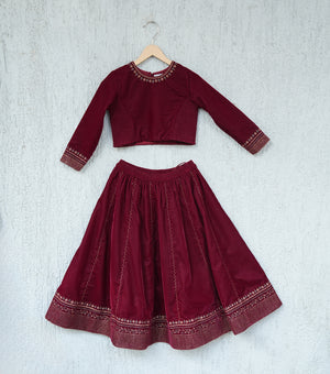 Maroon Zari Embroidered Lehenga Set with Blouse & Dupatta for Girls