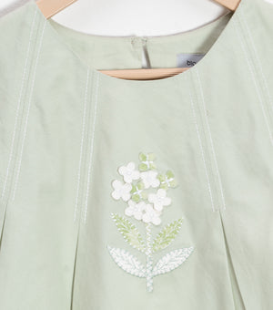 Mint Floral Embroidered A-Line Dress For Girls