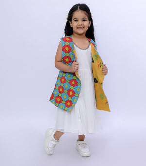 Green Orange Vintage Cotton Kantha Jacket For Kids