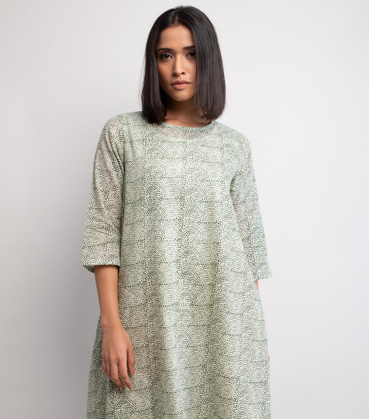 Beige & Green Printed Cotton Dress