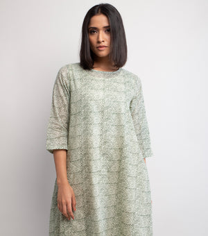 Beige & Green Printed Cotton Dress