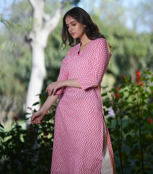 Pink Cotton Printed Kurta Set