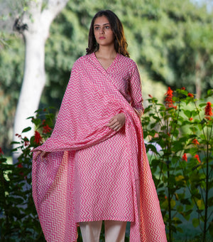 Pink Cotton Printed Kurta Set
