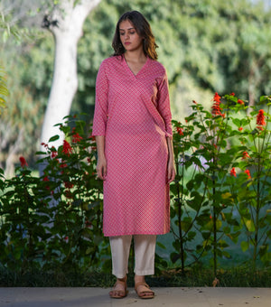 Pink Cotton Printed Kurta Set