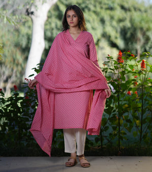 Pink Cotton Printed Kurta Set
