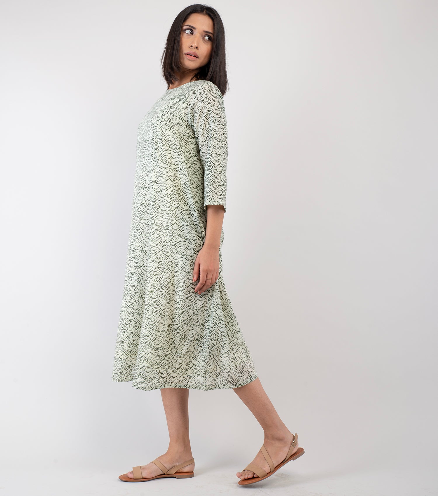 Beige & Green Printed Cotton Dress