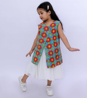 Green Orange Vintage Cotton Kantha Jacket For Kids