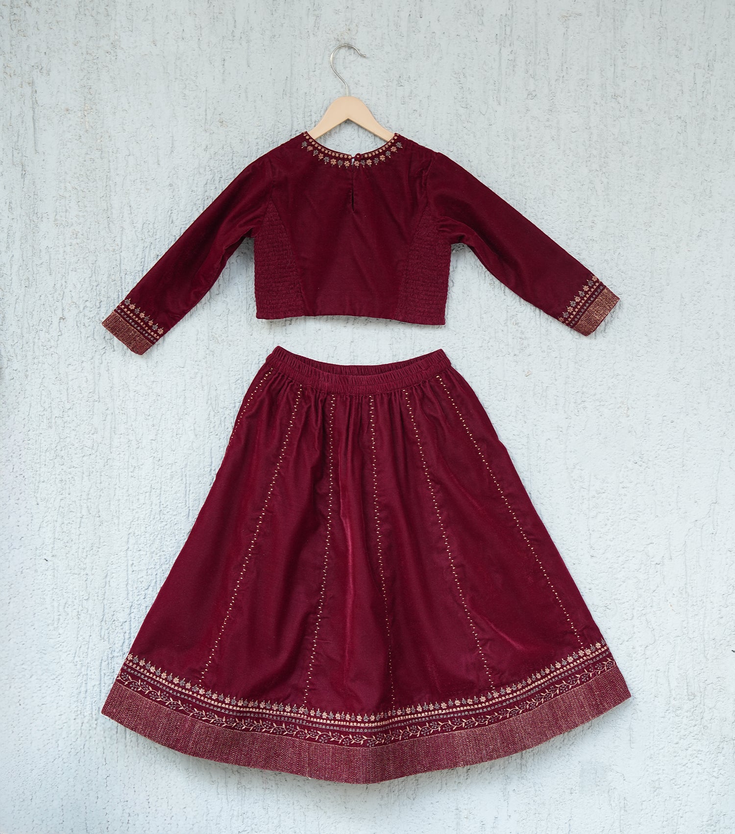 Maroon Zari Embroidered Lehenga Set with Blouse & Dupatta for Girls
