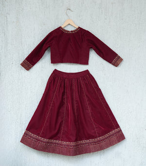 Maroon Zari Embroidered Lehenga Set with Blouse & Dupatta for Girls