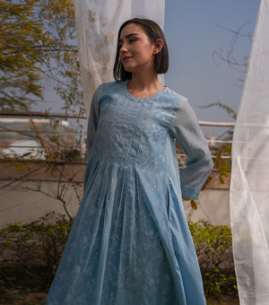 Blue Mist Overlay Sheer Dress with Printed Slip