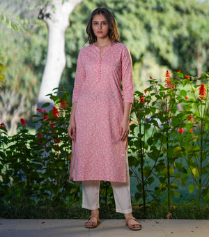 Pink Cotton Printed Kurta Set