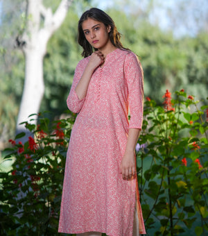 Pink Cotton Printed Kurta Set