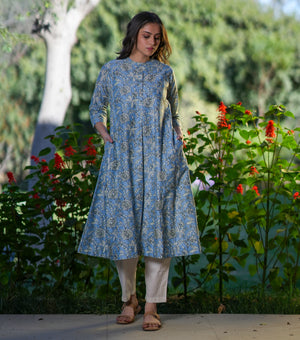 Blue Cotton Printed Kurta Set