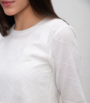 Natural Cotton Midi Dress With Double Needle Stitch On Yoke & Sleeve