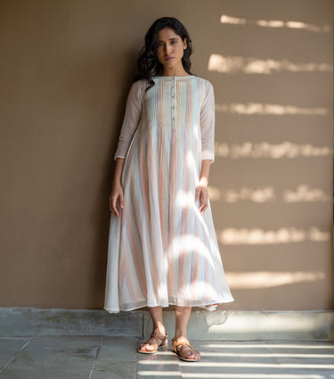 PINK STRIPED PINTUCK CHANDERI DRESS