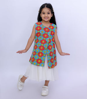 Green Orange Vintage Cotton Kantha Jacket For Kids