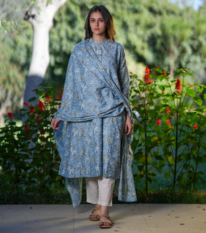 Blue Cotton Printed Kurta Set