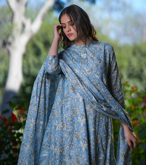 Blue Cotton Printed Kurta Set