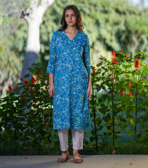 Blue Cotton Printed Kurta Set