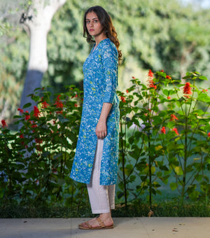 Blue Cotton Printed Kurta Set