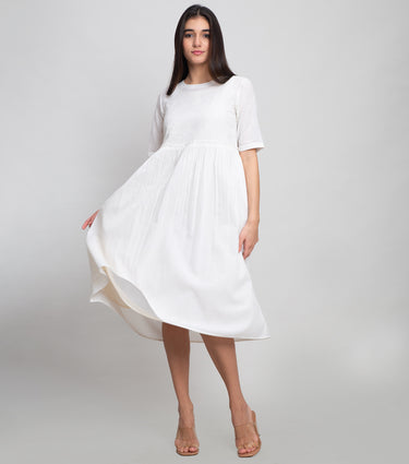 Natural Cotton Midi Dress With Double Needle Stitch On Yoke & Sleeve